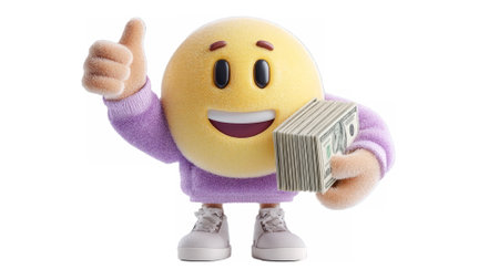 Emoji character with a big smile holding a thick stack of cash, representing success, wealth, or financial joy.の素材