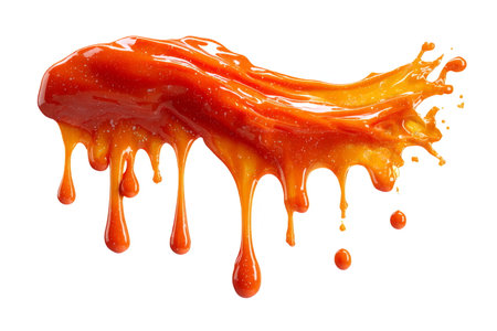 red liquid dripping in elongated streaks, resembling paint, syrup, or sauce, isolated on a white background.の素材