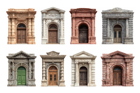 Set of decorative stone and brick archways with intricate details, showcasing classical and historical architectural entrance designs in various styles.の素材