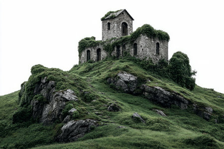 Ancient stone tower covered in ivy, standing atop a rocky hill with a winding grassy path, evoking medieval and fantasy themes.の素材