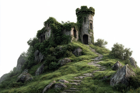 Ancient stone tower covered in ivy, standing atop a rocky hill with a winding grassy path, evoking medieval and fantasy themes.の素材