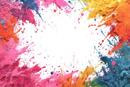 Vibrant abstract paint splashes in orange, blue, yellow, green, and pink framing a white empty center space for text or design.の素材