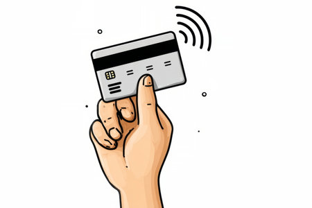 Open hand presenting a modern credit card with contactless payment waves, symbolizing fintech, cashless transactions, and digital finance solutions.の素材