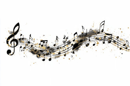 musical notes and staff lines accented with golden paint splashes, symbolizing creativity, rhythm, and musical expression.の素材