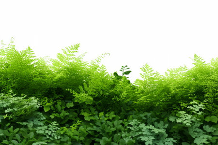 Thick cluster of lush green jungle plants and leaves, isolated on white background, symbolizing wilderness, freshness, and tropical vegetation.の素材