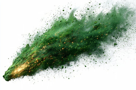 glowing green comet streaking across space with sparkling particles and explosive energy effects.の素材