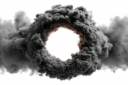 black smoke ring swirling and dispersing in the air, creating a dynamic circular formation on a white background.の素材