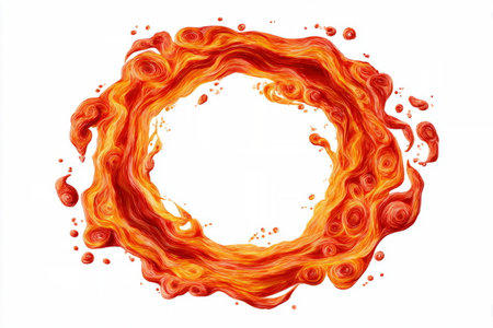 molten lava ring emitting intense flames and sparks, surrounded by crumbling rock fragments in mid-air.の素材