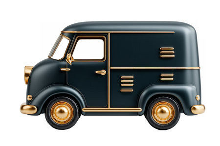 Minimalist black delivery van featuring golden wheels and details, symbolizing shipping, logistics, courier services, and modern transportation.の素材
