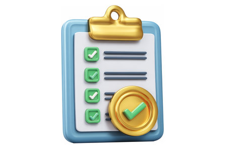 clipboard checklist with green check marks and a gold coin, symbolizing financial planning and task completion.の素材