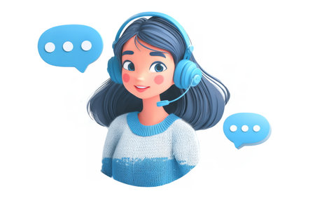 customer service representative wearing a headset, surrounded by chat bubbles, symbolizing online help, communication, and supportの素材