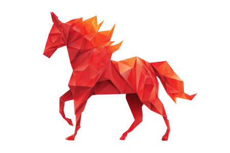 Red origami horse with flame-inspired folds symbolizing the fiery spirit of 2026, creativity, strength, and festive New Year celebration.の素材