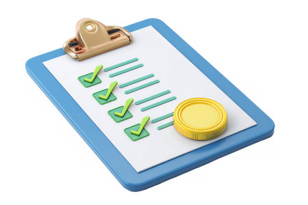 clipboard checklist with green check marks and a gold coin, symbolizing financial planning and task completion.の素材