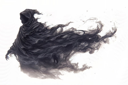 Dark hooded figure without a face, its form dissolving into swirling black mist, creating an ominous and supernatural presence.の素材
