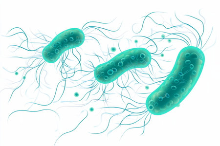 blue bacteria with flagella, floating on a light background, representing microbiology, infection, and scientific research.の素材