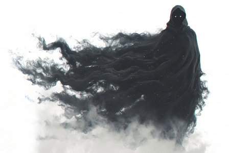 Dark hooded figure without a face, its form dissolving into swirling black mist, creating an ominous and supernatural presence.の素材