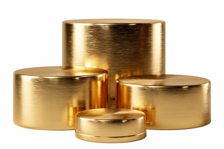 Modern brushed gold podium set with a metallic finish, perfect for product display, luxury branding, or elegant presentation backgrounds.の素材