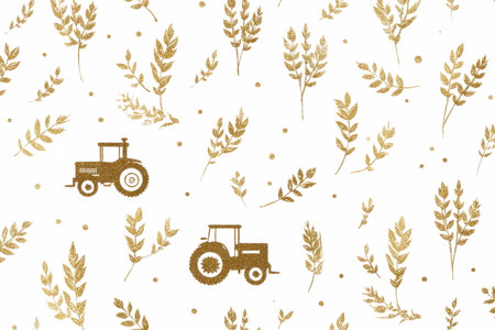 golden pattern featuring farm elements including wheat stalks, leaves, and a tractor, symbolizing agriculture, harvest, and rural life.の素材
