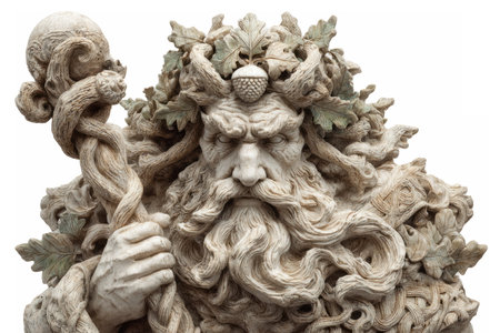 Marble druid bust wreathed in oak leaves, staff topped with acorn, Celtic knotwork relief, isolated on whiteâmythic, nature-reverent, ceremonial.の素材