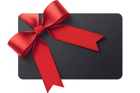 Unbranded black payment card silhouette featuring a decorative red ribbon loop, symbolizing gifting, rewards, or special offers.の素材