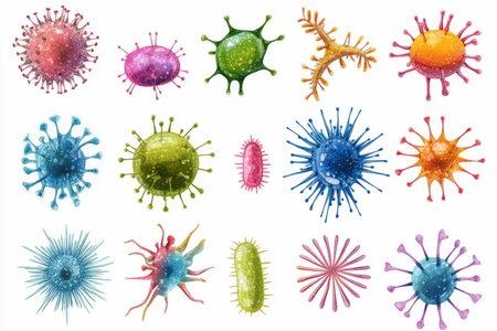 showing different types of bacteria and viruses with spiky and textured surfaces on a white background.の素材