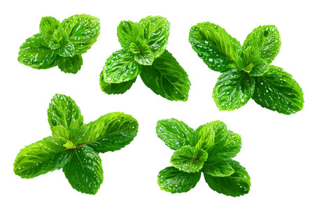 Close-up of vibrant green mint leaves covered in fresh dew drops, isolated on white background for culinary and herbal uses.の素材