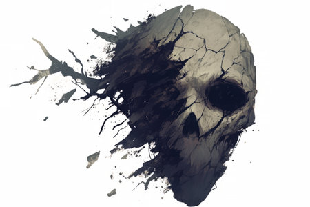 Dark cracked mask shape releasing black smoke and cold mist, with tiny scattered flecks creating a mysterious and eerie effect.の素材