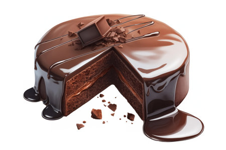 Decadent round chocolate cake topped with a smooth, glossy layer of rich chocolate ganache, perfect for dessert lovers.の素材