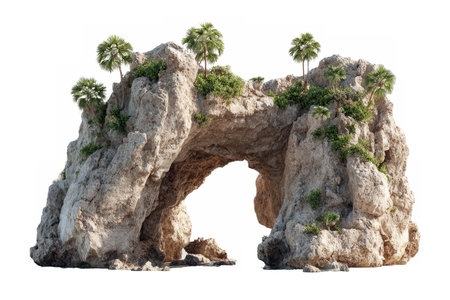 Dramatic rocky island with palm trees featuring a large natural archway glowing with warm sunlight, surrounded by calm ocean water.の素材