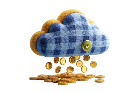blue cloud icon with a green security check mark above a pile of gold coins, symbolizing secure cloud finance.の素材