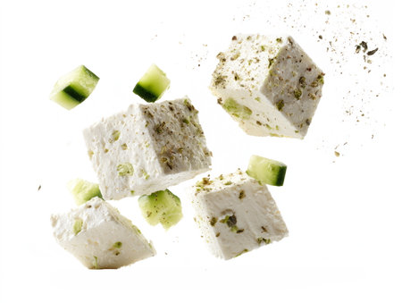 Fresh feta cheese cubes mixed with cucumber pieces and sprinkled herbs, captured mid-air against a white background, symbolizing freshness and flavor.の素材