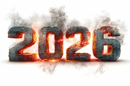 Burning 2026 text with fiery texture and smoke effects, symbolizing intensity, transformation, and powerful new beginnings.の素材