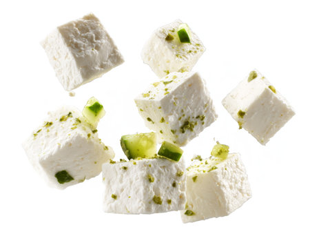 Fresh feta cheese cubes mixed with cucumber pieces and sprinkled herbs, captured mid-air against a white background, symbolizing freshness and flavor.の素材