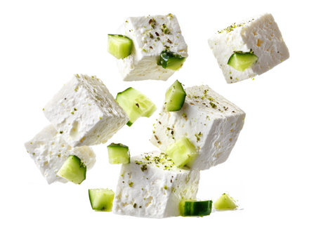 Fresh feta cheese cubes mixed with cucumber pieces and sprinkled herbs, captured mid-air against a white background, symbolizing freshness and flavor.の素材