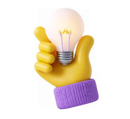3D hand gripping a bright yellow light bulb, symbolizing creativity, innovation, ideas, or inspiration on white background.の素材