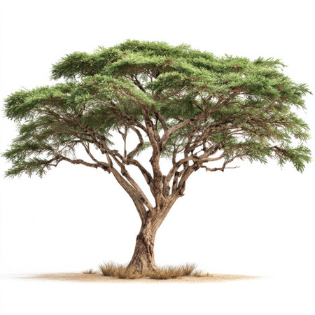 acacia tree standing tall in dry terrain with sparse grass, symbolizing resilience, solitude, and the African savanna.の素材