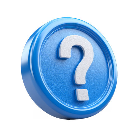 3D glossy blue circular button featuring a raised white question mark symbol, representing help, inquiry, support, and information requests.の素材