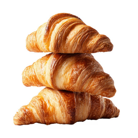 Three golden, flaky croissants stacked together against a white background, symbolizing bakery goods, breakfast, and delicious French pastry.の素材