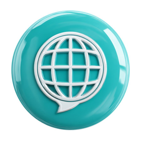 3D glossy turquoise speech bubble featuring a raised white globe symbol, representing global communication, internet, and worldwide networking.の素材