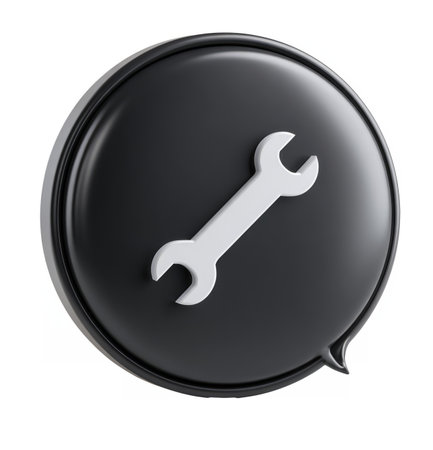 3D round metallic and plastic speech bubble featuring a raised white wrench symbol, symbolizing repair, settings, and technical support.の素材