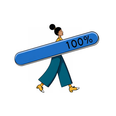 person pushing a large blue progress bar toward 100 percent, symbolizing achievement, project completion, and productivity.の素材