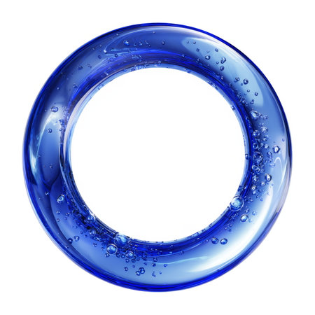 circular water ring in deep blue with floating bubbles, symbolizing freshness, purity, and fluid abstract design on white background.の素材