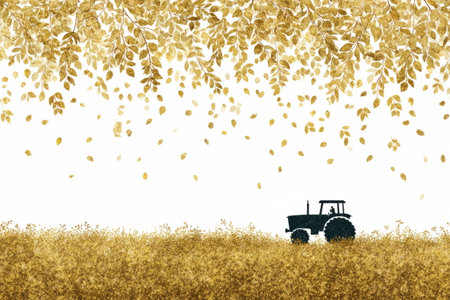 golden pattern featuring farm elements including wheat stalks, leaves, and a tractor, symbolizing agriculture, harvest, and rural life.の素材