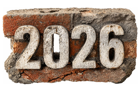 Solid 2026 digits sculpted from cracked concrete and surrounded by rubble, symbolizing strength, resilience, and industrial design.の素材