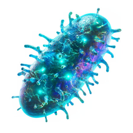 blue bacteria with flagella, floating on a light background, representing microbiology, infection, and scientific research.の素材
