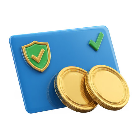 credit card featuring a security shield icon and two gold coins, symbolizing safe banking, payments, and financial protection.の素材