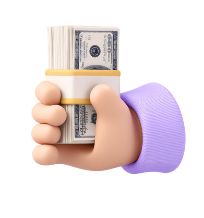 Vibrant 3D cartoon-style hand gripping a large bundle of dollar bills, symbolizing wealth, success, or financial transactions.の素材