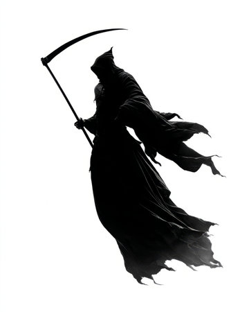 Dark silhouette of the grim reaper holding a long scythe, with a dramatic flowing cloak creating an ominous and eerie presence.の素材
