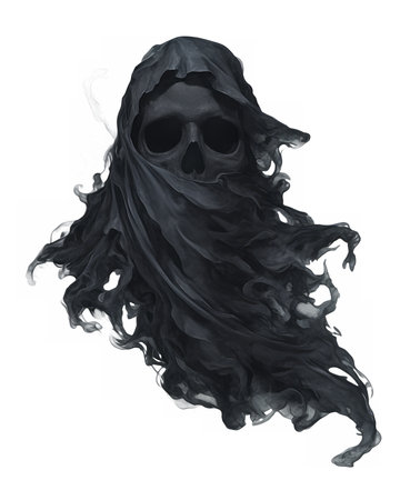 Ethereal ghostly silhouette without facial features, sculpted from flowing black mist and twisting vapor ribbons for a haunting atmosphere.の素材