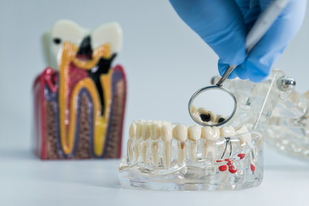 Close-up of a dental model showing severe tooth decay, examined with a mirror tool for educational...